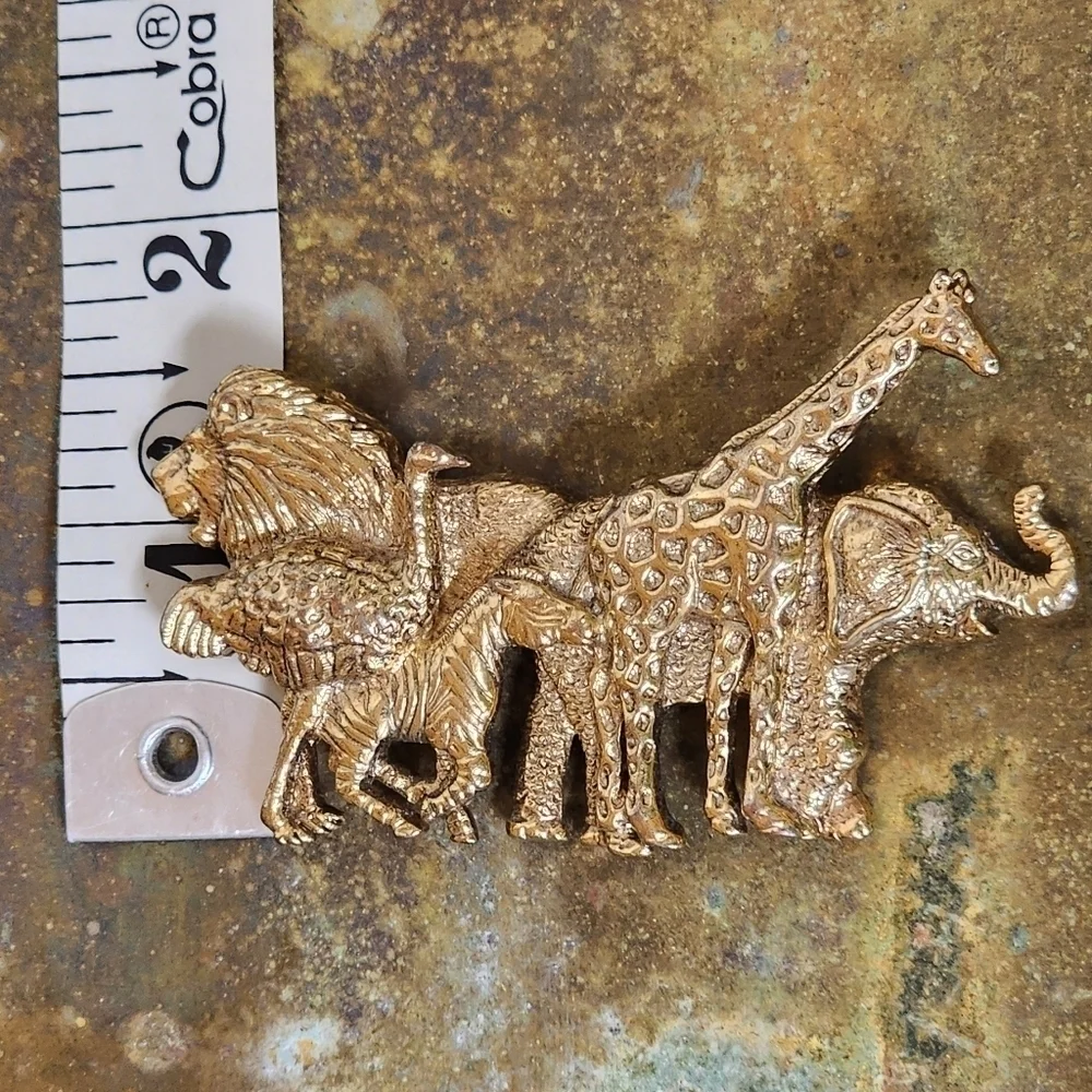 Vintage 1928 BroochnCares Gold Tone African Safari Animals Pin Nickel Free HUGE!
